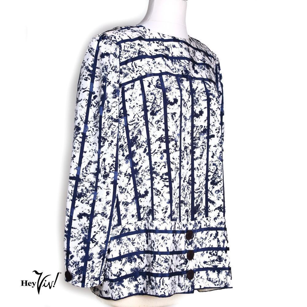 Vintage 80s Lady Carol Blue White Abstract Blouse Sz 16 Long Sleeve B44 –Hey Viv
